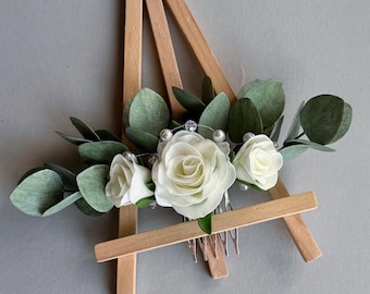Bridal eucalyptus hair piece ivory rose comb, floral clip