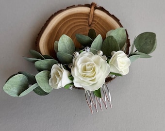 Bridal eucalyptus hair piece ivory rose comb, floral clip
