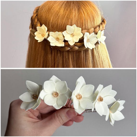 Gold and Cream Floral Hair Clip Ivory and Co Gardenia Gold Dainty Crystal and Pearl Floral  main image 4