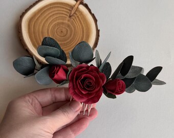 Wedding eucalyptus hair piece burgundy rose comb, floral clip