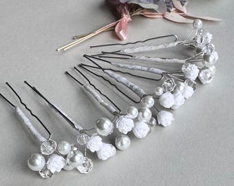 Wedding flower hair pins, pearl piece babys breath bridal headpiece