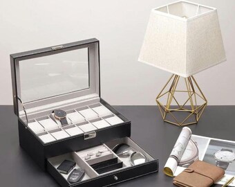 Organizador de joyas y relojes de cuero sintético de doble capa, vitrina con 12 ranuras