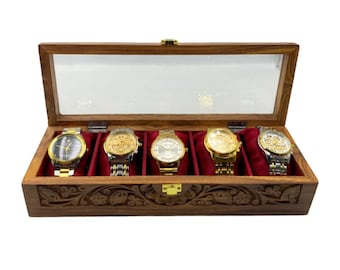Caja de madera para relojes de hombre, hecha a mano, tallada a mano, con 5 compartimentos.