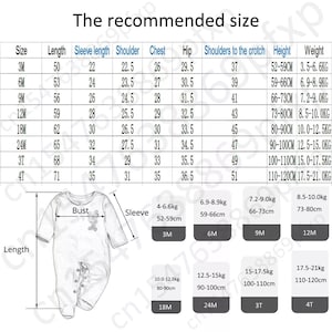 May include: A white baby onesie with a cartoon bear graphic, alongside a size chart. The chart details measurements like length, sleeve length, chest, and weight in inches and pounds for various sizes, from 3M to 4T.