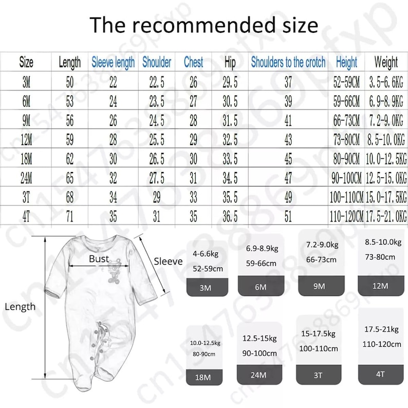 May include: A white baby onesie with a cartoon bear graphic, alongside a size chart. The chart details measurements like length, sleeve length, chest, and weight in inches and pounds for various sizes, from 3M to 4T.