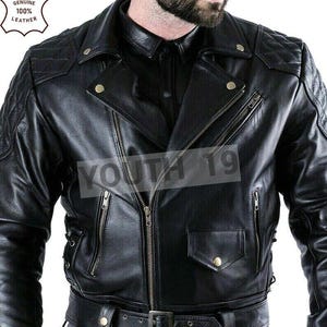 Mens Genuine Leather Biker Jacket: Quilted Motorcycle Coat