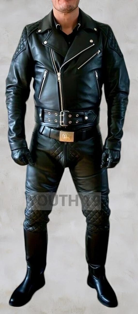 Men's Real Leather Biker Pants Double Zip Black Motorcycle Jeans