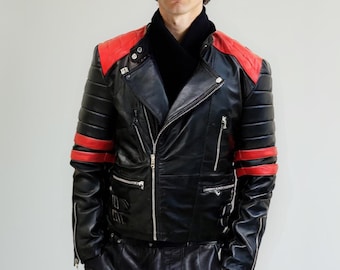 Chaqueta de motociclista de cuero rojo y negro para hombre: estilo motero personalizado