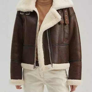 Womens B3 Bomber Brown RAF Aviator Shearling Fur Real Leather Jacket  Shearling Aviator Handmade Coat Faux fur Personalised Gift For Her