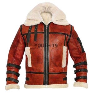 Mens B3 RAF Bomber Brown Flying Flight Aviator Fur Shearling Lamb Leather Jacket, Shearling Fur Double Collar Genuine Leather  Bomber Jacket