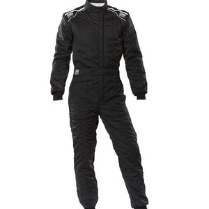 May include: Black racing suit with white accents and the OMP logo on the shoulders. The suit has a high collar, long sleeves, and a zippered front. The suit is designed for motorsports and features a fitted silhouette.