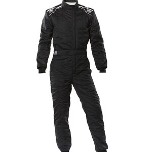 May include: Black racing suit with white accents and the OMP logo on the shoulders. The suit has a high collar, long sleeves, and a zippered front. The suit is designed for motorsports and features a quilted pattern.