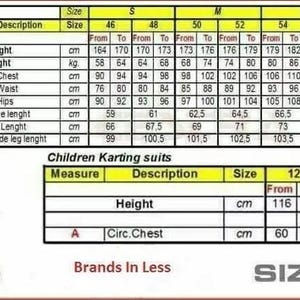 May include: A sizing chart for karting suits, detailing measurements for height, weight, chest, waist, hips, sleeve length, body length, and leg length. Includes sizes from S to XXL for adults and sizes 120 to 150 for children. Measurements are in centimeters.
