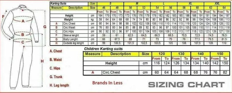 May include: A sizing chart for karting suits, detailing measurements for height, weight, chest, waist, hips, sleeve length, body length, and leg length. Includes sizes from S to XXL for adults and sizes 120 to 150 for children. Measurements are in centimeters.