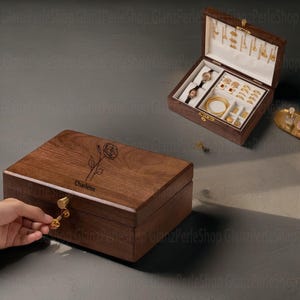 Stackable Jewelry Tray Organizer Large Wooden Jewelry Box With Lock, Compartments & Custom Engraved Birth Flower Personalized Gift for Women