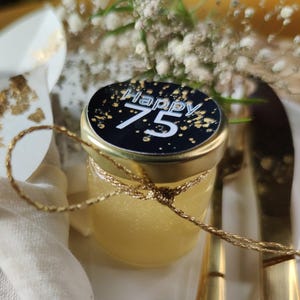 Pot personnalisé de gelée de vin pétillant, fleur de sureau et paillettes dorées, décoration de table, marque-place, mariage, anniversaire