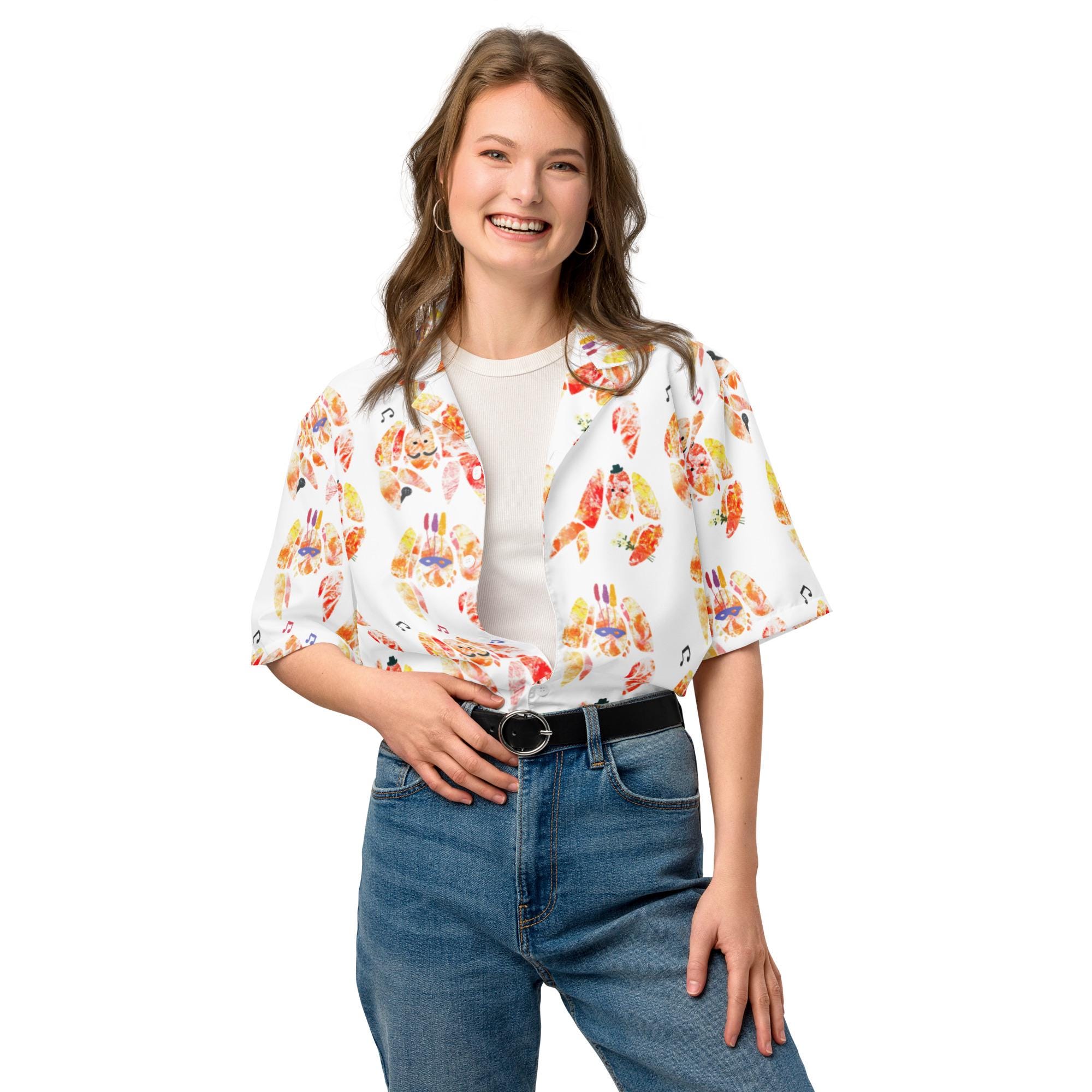 Happy Crab's Band Unisex Button-Up Shirt – Eco-Friendly, Hand-Drawn Crab Pattern, Beach Shirt, Hawaiian Shirt, Summer Coastal Shirt