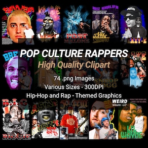 74 Pop Culture Rappers Design Bundle, High Quality PNG, Instant Download, Hip-Hop Rap Themed Graphics for T-Shirts, Posters, and Digital Art