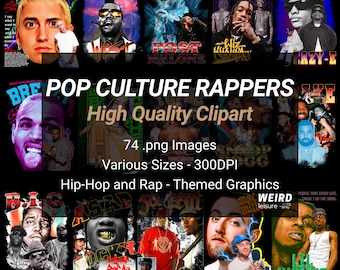 74 popcultuur rappers ontwerpbundel, hoge kwaliteit png, instant download, hiphop rapthema-graphics voor T-shirts, posters en digitale kunst