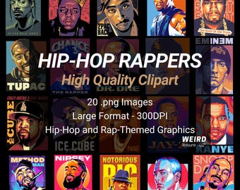 20 hiphop-rapperontwerpbundel, hoge kwaliteit png-bestand, direct download, hiphop- en rapthema-graphics voor T-shirts, posters en digitale kunst