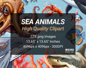 223 Sea Animals Clipart, High Quality Transparent PNG, Instant Download, Commercial Use - Sea Creature, Fish, Shark Clipart, Octopus Clipart
