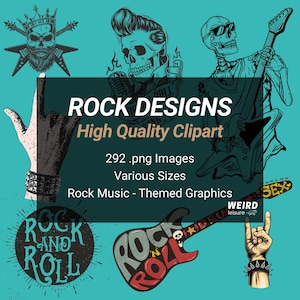 Paquete de 292 diseños de rock, PNG de alta calidad, descarga instantánea, gráficos con temática punk rock para camisetas, pósteres y arte digital.