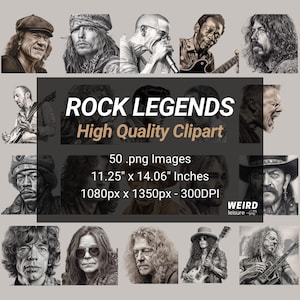50 Rock Legends-ontwerpbundel, hoge kwaliteit png, instant download, rock-n-roll-thema-graphics voor T-shirts, posters en digitale kunst