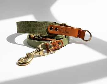 Collare/guinzaglio in BioThane con stampa leopardata nei colori Holy Guacamole x Burnt Orange con incisione del nome | Larghezza regolabile | Adatto a tutti i cani
