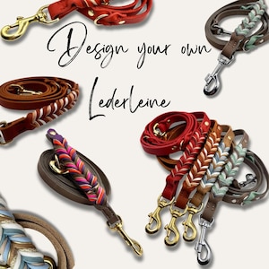 Op de afbeelding: Een assortiment leren hondenriemen in diverse kleuren, waaronder rood, bruin en groen, met goud- en zilverkleurige hardware. De riemen hebben gevlochten en effen ontwerpen. De tekst luidt "Design your own Lederleine."