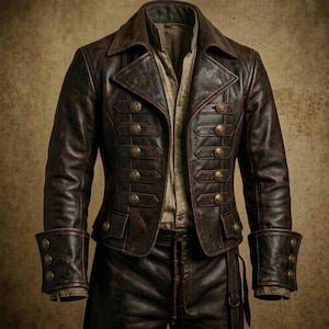 Puede incluir: Una chaqueta de cuero envejecido en color marrón oscuro con un diseño estructurado de inspiración militar, que presenta dos filas verticales de botones de tono latón, solapas anchas y puños prominentes decorados con tres botones.
