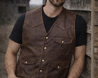 Handgemaakt leren vest heren, vintage western-cowboyvest, bruin echt leren biker-motorfietsvest, Wild West-outfit, XS-6XL