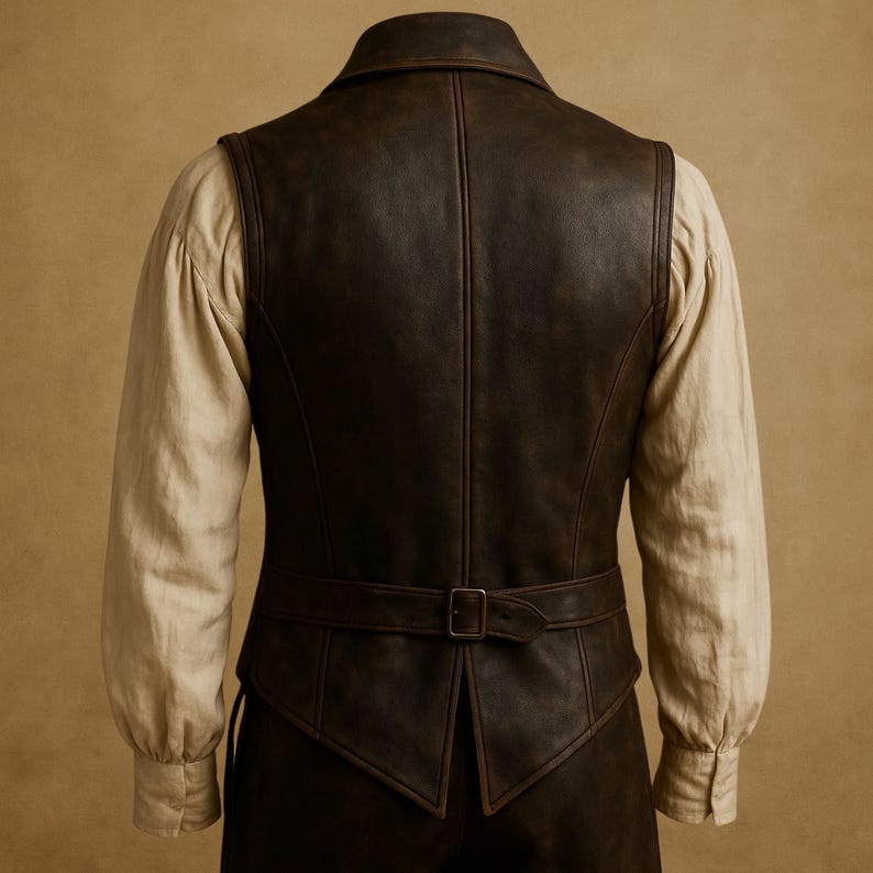 Back view of handmade pirate leather vest crafted in vintage distressed brown. Steampunk waistcoat design with authentic pirate-era style, ideal for renaissance fairs, medieval reenactments, Halloween cosplay, and fantasy LARP events. This Jack Sparrow cosplay vest is perfect for men’s gothic fashion, steampunk festivals, or as a handmade gift for pirate fans and renaissance festival outfits.