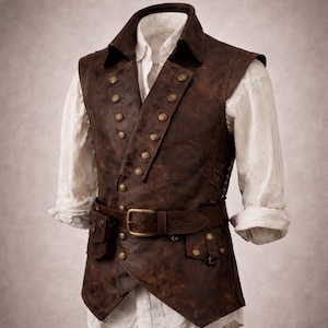 Mens Pirate Leather Vest front view, handmade Renaissance and Medieval LARP vest, authentic Buccaneer cosplay outfit, Halloween pirate costume for men, adjustable leather waistcoat with antique-style buttons, perfect for festivals, roleplay, Halloween, steampunk, gothic fashion, pirate reenactments, and fantasy cosplay events.8