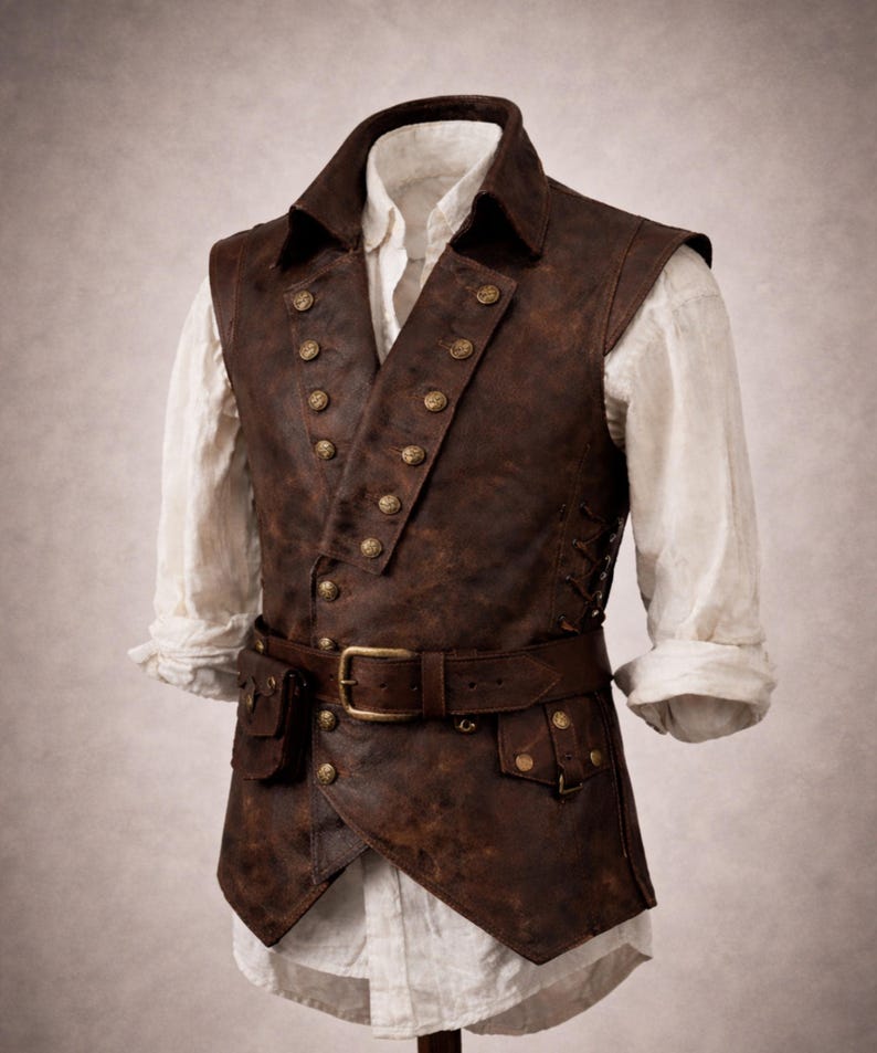 Mens Pirate Leather Vest front view, handmade Renaissance and Medieval LARP vest, authentic Buccaneer cosplay outfit, Halloween pirate costume for men, adjustable leather waistcoat with antique-style buttons, perfect for festivals, roleplay, Halloween, steampunk, gothic fashion, pirate reenactments, and fantasy cosplay events.8