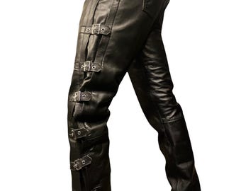 Men’s Leather Buckle Pants – Slim Fit Black Leather Trousers, High-Waisted Biker Pants, Motorcycle Pants, Western Cowboy Jeans, Gift for Him