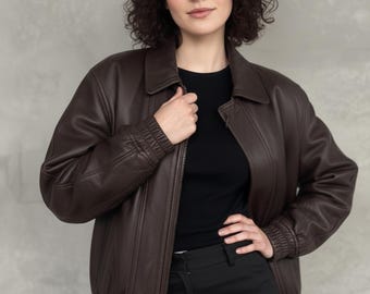 Women’s Oversized Brown Leather Bomber Jacket – 90s Vintage Style, Handmade Winter Coat, Gift for Her.