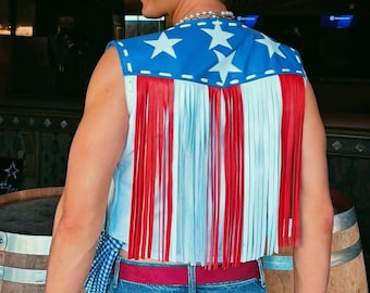Handmade American Flag Leather Fringe Vest, Patriotic Western Wear, Unisex Cowboy Vest,  Leather Festival Clothing, Custom Fringe Jacket.