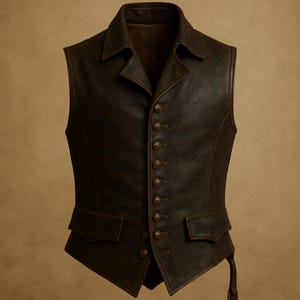 Renaissance festival pirate vest inspired by Captain Jack Sparrow, handmade from distressed leather. Ideal cosplay waistcoat for Halloween costumes, medieval reenactments, LARP fantasy roleplay, gothic steampunk fashion, and men’s festival clothing. Rugged pirate-style design with antique buttons and rope details. A unique handmade leather vest gift for him or renaissance fair fans.