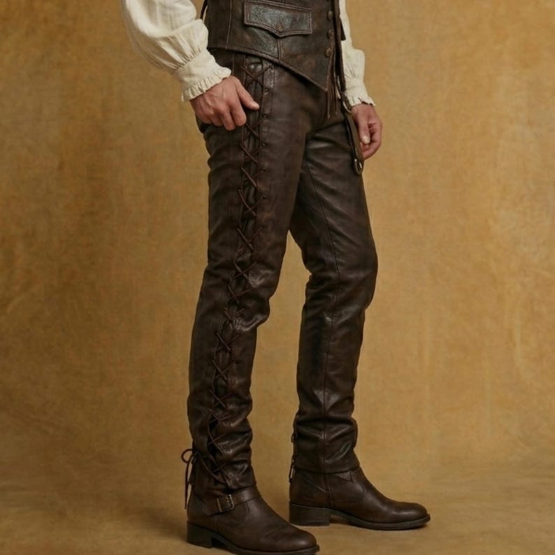 Side view of pirate leather pants men's lace up trousers showing detailed leather texture and adjustable fit for medieval and renaissance outfits.