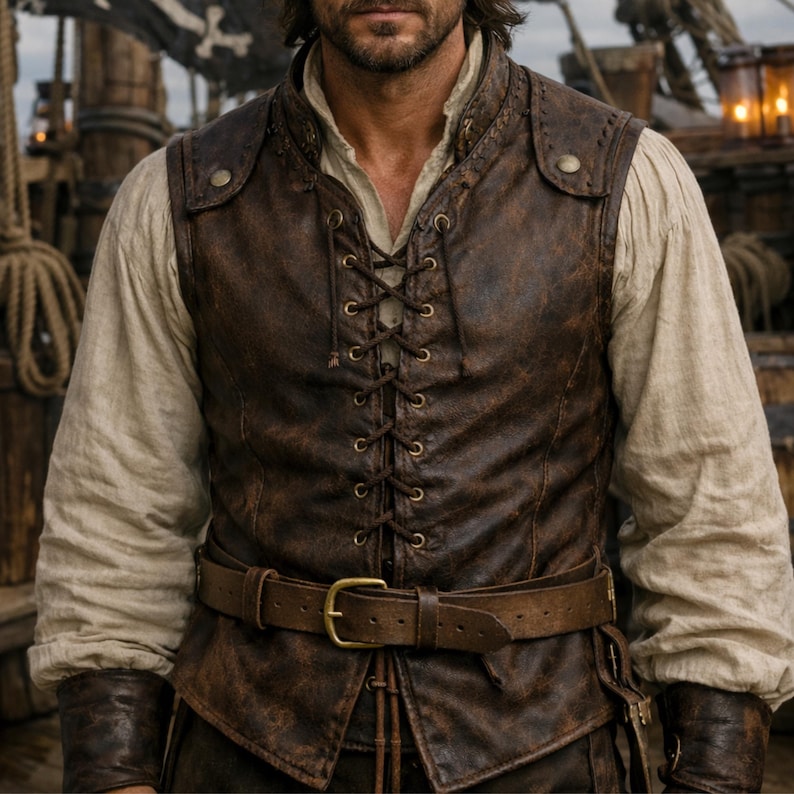 Close-up of pirate leather vest showing lace up front, belt closure and weathered distressed leather texture. Perfect detail for renaissance festival costumes, Halloween pirate outfits, gothic fashion and LARP medieval events. Handmade steampunk vest design.