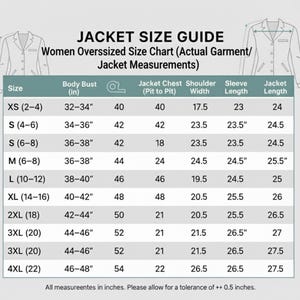 Women’s oversized sheepskin leather bomber jacket size chart with actual garment measurements, including chest, shoulder width, sleeve, and jacket length for sizes XS to 4XL. Ideal for winter outerwear and vintage 90s-style leather coats.