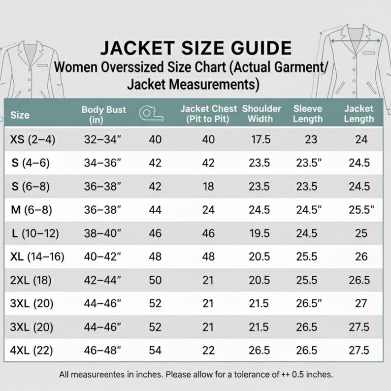 Women’s oversized sheepskin leather bomber jacket size chart with actual garment measurements, including chest, shoulder width, sleeve, and jacket length for sizes XS to 4XL. Ideal for winter outerwear and vintage 90s-style leather coats.
