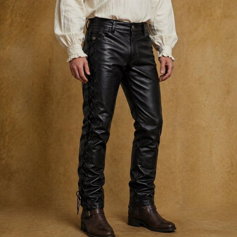 Men's pirate leather pants in motion, highlighting comfort and flexibility for cosplay events, festivals, and LARP activities.
