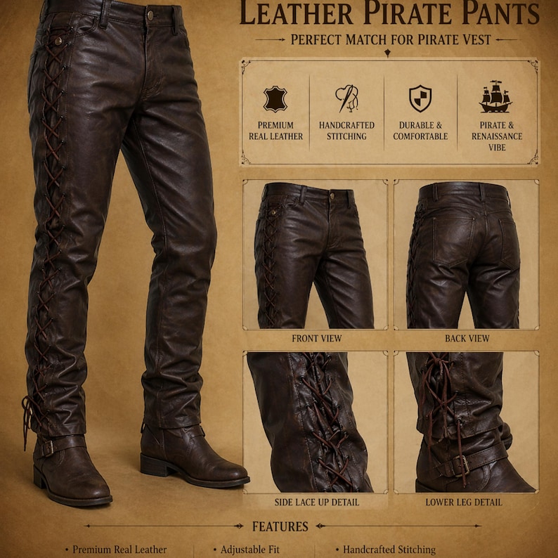 Close up of premium leather pirate pants showing high quality material, stitching, and handmade craftsmanship for long lasting wear.