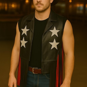 Men&#39;s Western Fringe Leather Vest, Star Cowboy Outfit, Rodeo Festival Vest, Patriotic Vest, Country Concert Vest, Biker Style Leather Vest.