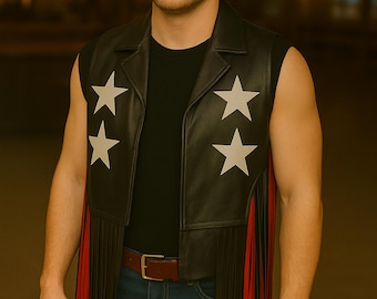 Leren vest heren western franje, stercowboy-outfit, rodeofestival-hesje, patriottisch vest, countryconcertvest, leren vest in bikerstijl.