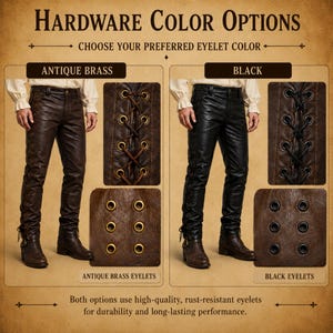 May include: A comparison chart titled HARDWARE COLOR OPTIONS showing trousers with side lacing. One pair features antique brass eyelets with brown laces, and the other pair features black eyelets with black laces, both displayed with close-up details.