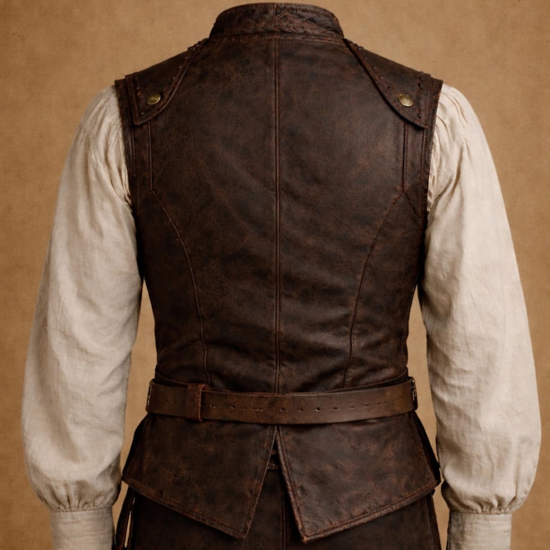 Back view of handmade pirate leather vest crafted in vintage distressed brown. Steampunk waistcoat design with authentic captain style, ideal for renaissance fairs, medieval reenactments, Halloween cosplay and fantasy LARP events. Perfect for men’s gothic fashion or festival outfits.