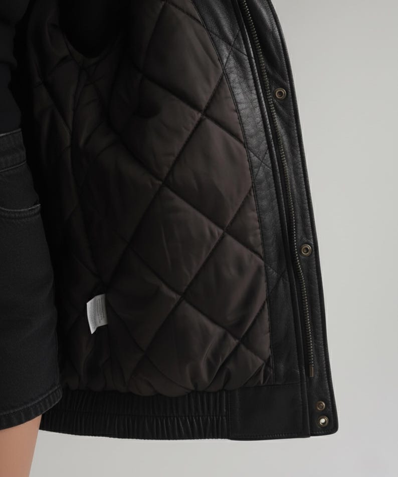Close-up of quilted lining and stitching details on a women’s oversized sheepskin leather jacket. The leather texture, inner padding, and bomber coat structure highlight warmth, durability, and high-quality craftsmanship. Perfect winter outerwear choice with both fashion and comfort appeal for cold weather styling.