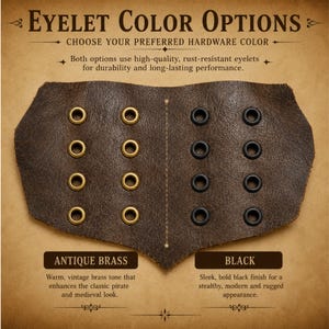 Leather pirate pants showing two eyelet color options, antique brass and black, for the adjustable side-lace hardware.